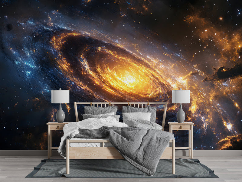 Art Design For Space Self-Adhesive Full Wall Wallpaper Print For Living Room And Bedroom "Spiral Galaxy In Fiery Glow" Design For Lovers Of The Mysterious Universe 🌌