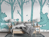 Cute Cartoon Illustration Bear Family Having Picnic in the Woods – Peel and Stick Wall Mural for Kids Room & Nursery