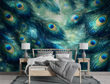 Peacock Feather Abstract Peel and Stick Wall Mural – Elegant Botanical Wallpaper in Teal Tones