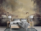 Vintage Wall Mural Romantic Motif Self-Adhesive Full Wall Wallpaper Art Print Swan Couple Print for Bedroom Living Room Design Pastel Colors for Relaxation Area Artistic Style 🕊️