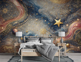Celestial Abstract Peel and Stick Wall Mural – Cosmic Gold and Blue Art Wallpaper