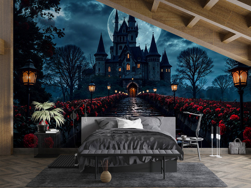Gothic Style Peel and Stick Wall Mural for Living Room, Bedroom, or Home Office – "Rose Alley on a Gothic Night"