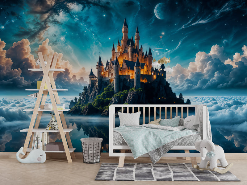 High-Quality Non-Woven Photo Wallpaper, "Heavenly Fairytale: Castle In The Clouds" Full Wall Print For Kids' Room