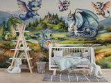 Self-Adhesive Full Wall Wallpaper For Kids Room, For Kindergarten "Dragon Family" Fairytale Print