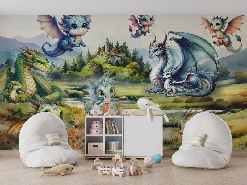 Self-Adhesive Full Wall Wallpaper For Kids Room, For Kindergarten "Dragon Family" Fairytale Print