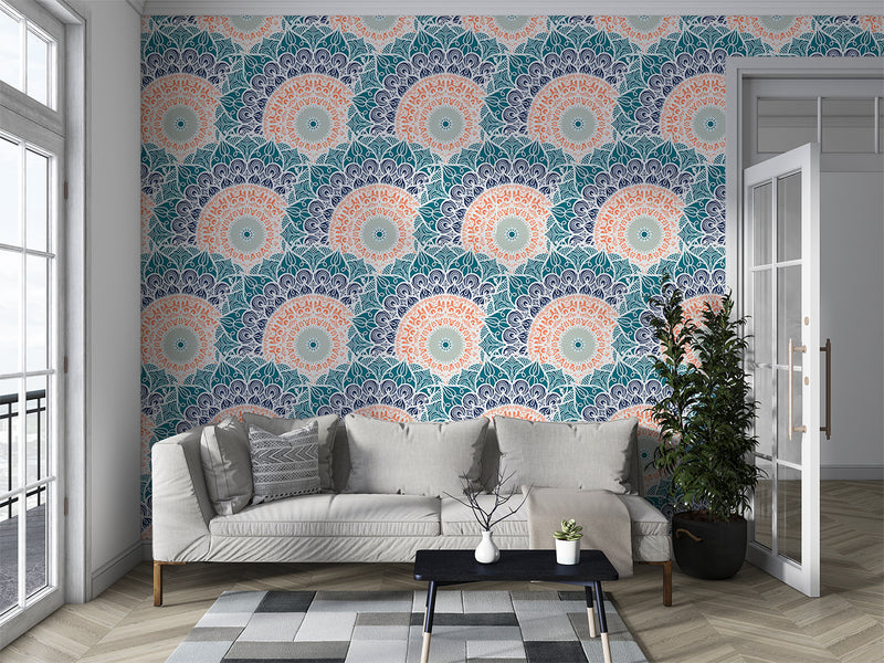 Indian print Pastel colors Full wall Peel and Stick Mural for living room Art wall for bedroom Relaxation area design "Mandala" accent wall
