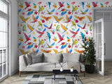 Colorful Tropical Parrot Pattern Desing Peel and Stick Wall Mural for Living room – Watercolor Style Print in Red, Blue, Yellow & Green