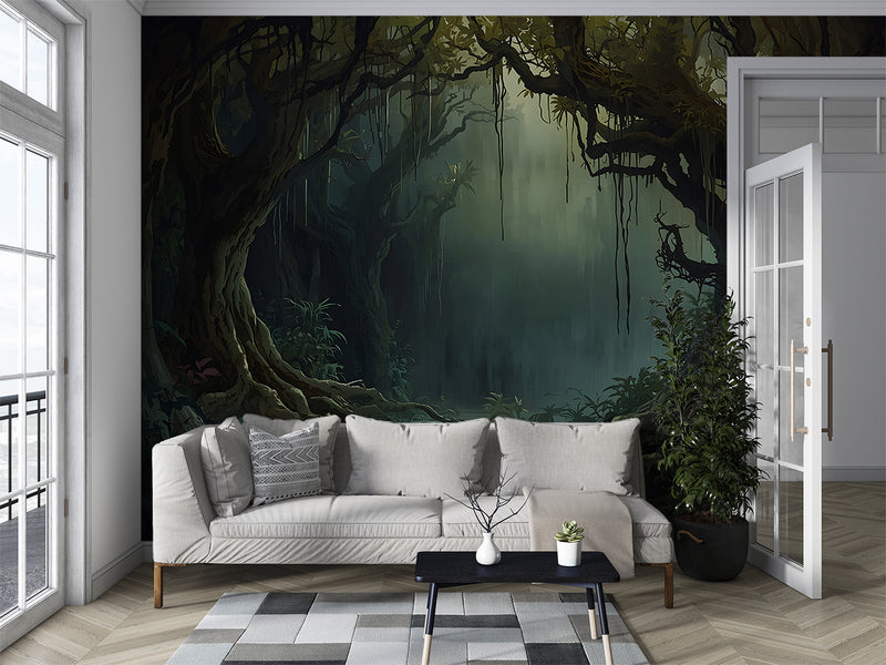Traditional wallpaper Misty forest thickets, mystical atmosphere for bedroom, living room, or office Accent wall, Art Wall