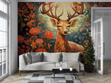 Autumn Forest Deer Wall Mural – Traditional Floral Woodland Wallpaper for Living Room & Bedroom