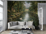 Peel and Stick Vintage Wallpaper Swans on the Lake  Wall Mural for Living Room