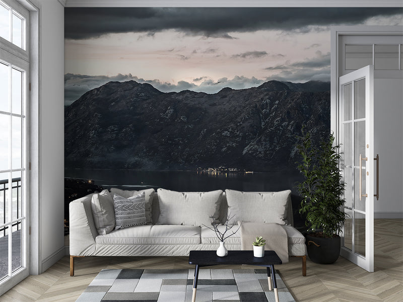 Nordic Design Peel and Stick Wall Mural Scandinavian Style Evening View of the Old Town of Kotor Bay from Mount Lovćen Print for Living Room, Office or Bedroom