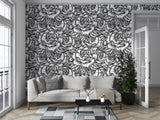 Floral print Black and white art Calm tones on the wall Peel and stick wallpaper for living room or bedroom "Graphic Roses" Nature-inspired design Accent wall