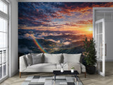 Non-Woven Wallpaper Panoramic Mountain Sunset Wall Art with Rainbow for Bedroom