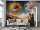 Peel and Stick Wall Mural “Celestial Sun and Moon Fantasy Landscape” – Surreal Art Wallpaper