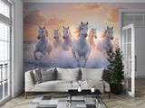 White Horses Running on the Ocean at Sunset – Non-Woven Wall Mural, Majestic Coastal Horse Wallpaper