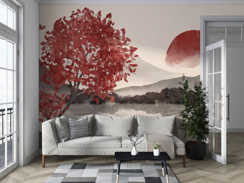 🌅"Watercolor Japanese Sumi-e Style With Minimalist Touch Self-Adhesive Wallpaper For Cozy Living Room, Bedroom, Home Gym "Japanese Sunset" 🌅