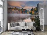 Bright Print Wall Mural For Entire Wall Accent Wall Self-Adhesive Wallpaper For Living Room Autumn Lake Art For Bedroom Fog Over The Lake Poster For Relaxation Area