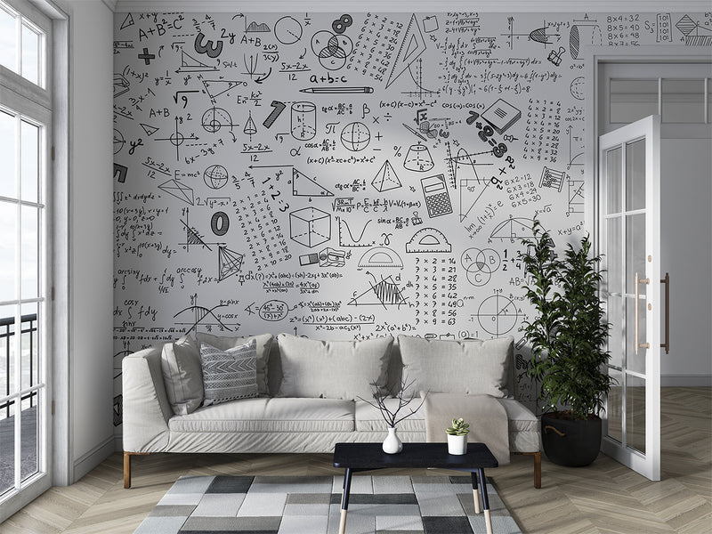 Graphic wallpaper Science theme Mathematical wallpaper Full wall peel and stick mural for kids’ room or living room Educational space print Gray background "Mathematical Formulas" 🧮
