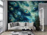 Peacock Feather Abstract Peel and Stick Wall Mural – Elegant Botanical Wallpaper in Teal Tones