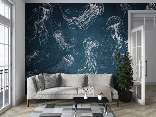 Art Wall Mural 🎨 Full Wall Peel and Stick Wallpaper "Painted Jellyfish" Wall Murals For Office Living Room