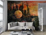 Futuristic Dystopian Cityscape Wall Mural – Surreal Sunset Abstract Peel and Stick Wallpaper, Living Room Art Print, Modern Office Design Decor