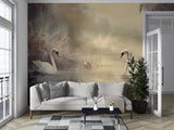 Vintage Wall Mural Romantic Motif Self-Adhesive Full Wall Wallpaper Art Print Swan Couple Print for Bedroom Living Room Design Pastel Colors for Relaxation Area Artistic Style 🕊️