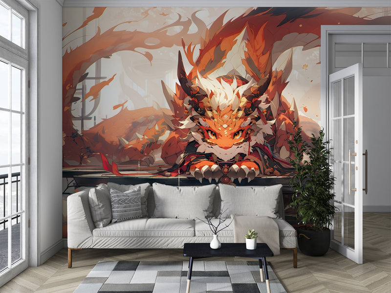 Anime Print Self-Adhesive Wallpaper For Whole Wall Animation Style For Kids Room, Living Room "Japanese Dragon Guardian" 🐉