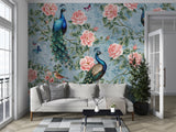 Peel and Stick Wall Mural Peacocks in Flowers for Bedroom