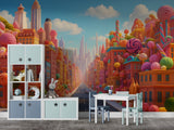 Non-Woven Wall Mural Candy Cityscape – Colorful Fantasy Candy World Wallpaper for Kids Room & Playroom Decor