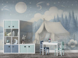 Peel and Stick Kids Wall Mural Pastel Camping Night Scene Gentle Blue-White Nursery Wallpaper Calm Bedtime Forest Print for Children’s Room