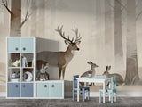Forest Animals Non-Woven Wallpaper for Kids’ Room Calm Tones for Playroom Deer and Rabbit Wall Print  Forest Design Art Wall Mural