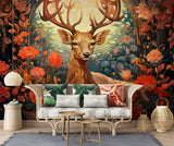 Autumn Forest Deer Wall Mural – Traditional Floral Woodland Wallpaper for Living Room & Bedroom