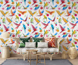Colorful Tropical Parrot Pattern Desing Peel and Stick Wall Mural for Living room – Watercolor Style Print in Red, Blue, Yellow & Green