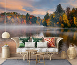 Bright Print Wall Mural For Entire Wall Accent Wall Self-Adhesive Wallpaper For Living Room Autumn Lake Art For Bedroom Fog Over The Lake Poster For Relaxation Area