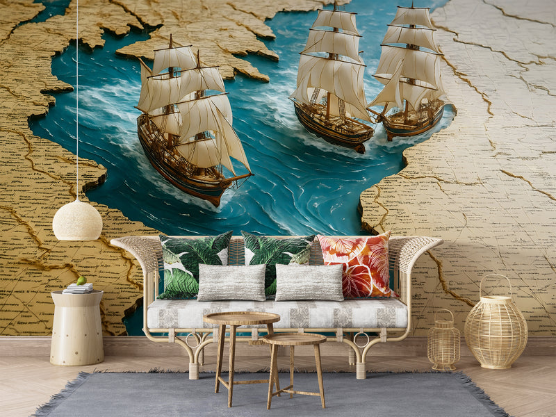 Wall Print 3D Self-Adhesive Wallpaper Perfect for Living Room, Office, Bedroom Design "Sea Journey Through the Map" 🌊🗺️