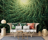 Green Spiral Energy Peel and Stick Wallpaper – Abstract Flowing Light Pattern Wall Mural for Bedroom, Playroom, and Creative Spaces
