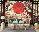 Vintage Japanese Style Wallpaper For Living Room "View From The Window To The Red Sun" Art Wall Self-Adhesive Artistic Wall Mural For Bedroom, Workspace, Office 🌅