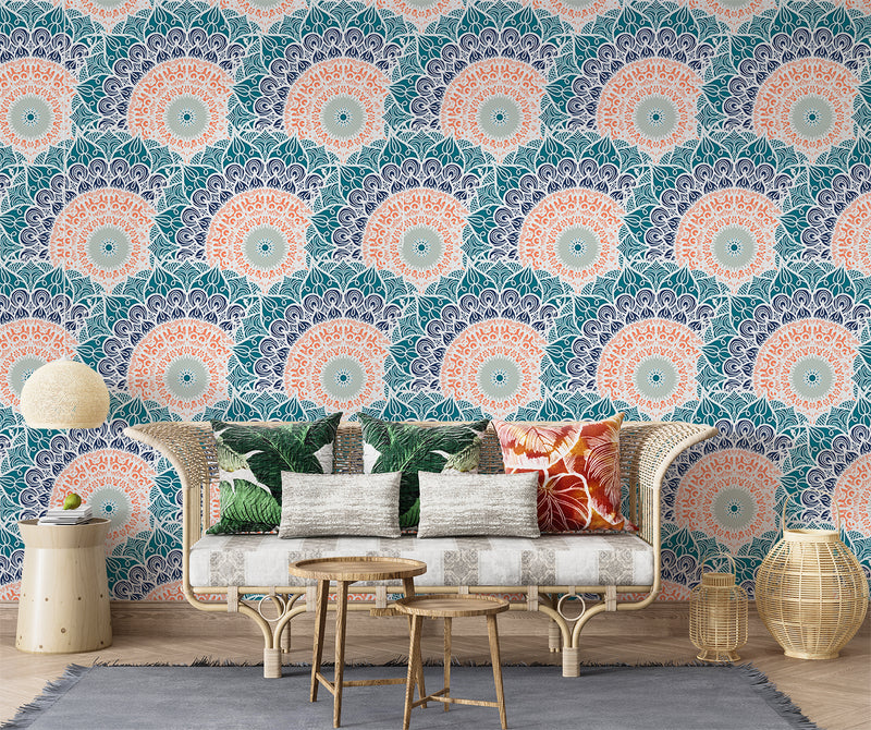 Indian print Pastel colors Full wall Peel and Stick Mural for living room Art wall for bedroom Relaxation area design "Mandala" accent wall