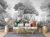 Vintage Style Art Print Graphic Non-Woven Wallpaper Black And White, Grey Shade For Office, Living Room, Bedroom 'Black And White Landscape: Forest Harmony' 🌲