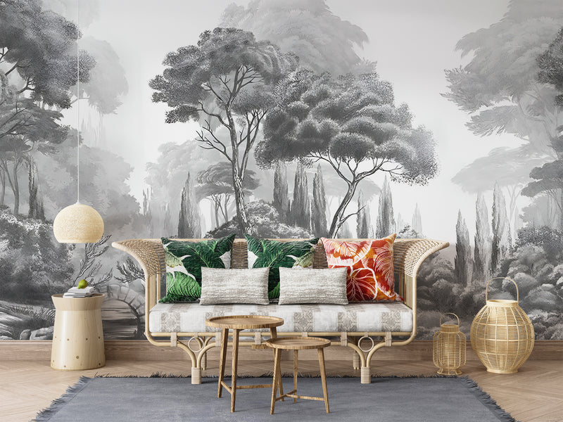 Vintage Style Art Print Graphic Non-Woven Wallpaper Black And White, Grey Shade For Office, Living Room, Bedroom 'Black And White Landscape: Forest Harmony' 🌲