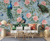 Peel and Stick Wall Mural Peacocks in Flowers for Bedroom