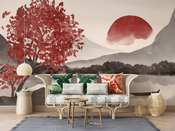 🌅"Watercolor Japanese Sumi-e Style With Minimalist Touch Self-Adhesive Wallpaper For Cozy Living Room, Bedroom, Home Gym "Japanese Sunset" 🌅