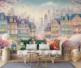 Whimsical Spring Town Wall Mural – Colorful Fantasy Houses Peel and Stick Wallpaper