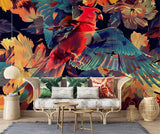 Vibrant Red Parrot Floral Peel and Stick Wallpaper – Tropical Botanical Style in Teal, Orange & Gold