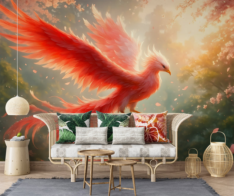 Wallpaper With Bird For Living Room, Relaxation Area, Meditatio Peel and Stick Mural ‘Flight Of The Phoenix In Sakura Blossoms’ Art Wall🌸🔥🕊️