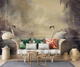 Vintage Wall Mural Romantic Motif Self-Adhesive Full Wall Wallpaper Art Print Swan Couple Print for Bedroom Living Room Design Pastel Colors for Relaxation Area Artistic Style 🕊️
