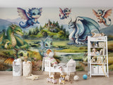 Self-Adhesive Full Wall Wallpaper For Kids Room, For Kindergarten "Dragon Family" Fairytale Print