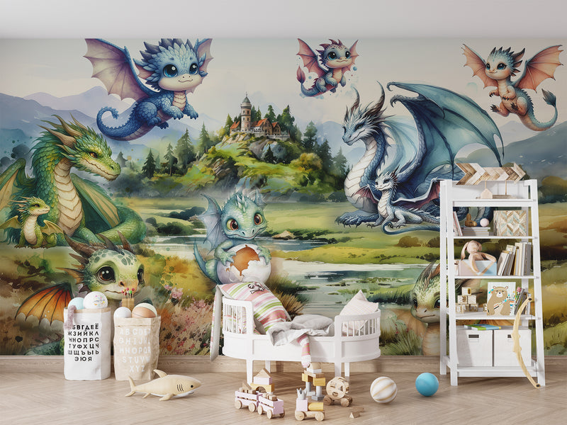 Self-Adhesive Full Wall Wallpaper For Kids Room, For Kindergarten "Dragon Family" Fairytale Print