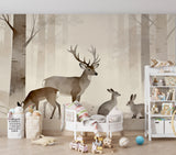 Forest Animals Non-Woven Wallpaper for Kids’ Room Calm Tones for Playroom Deer and Rabbit Wall Print  Forest Design Art Wall Mural