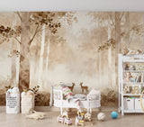 Forest Animals Wall Mural Peel and Stick Wallpaper for Kids’ Room Forest Design for Playroom Baby Deer Illustration Nursery Wall Art